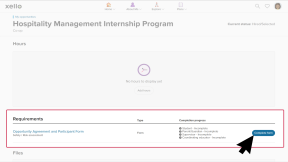 A student's active opportunity is open. The Requirements section is highlighted and the cursor is clicking Complete form.